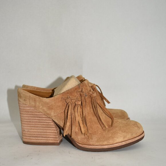 $200 Kork-Ease CHARLEY FRINGE TASSLE BLOCK MULE CLOG SLIDE SUEDE BROWN 7 (TP018) - Picture 1 of 6